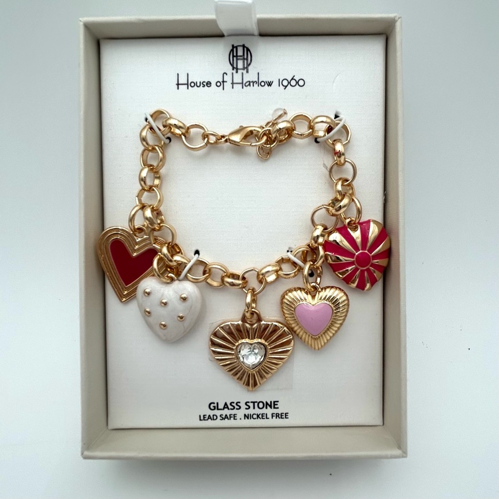 New in Box House Of Harlow 1960 Heart 5 Charm Bracelet With Enamel Rhinestones